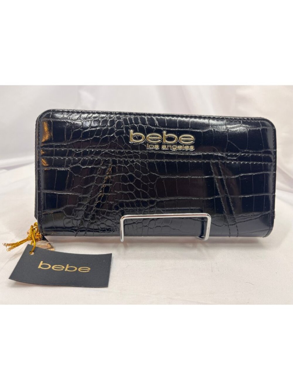 bebe Evelyn Croco Zip Around Wallet Black Gold Logo Faux Leather NWT